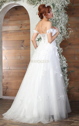 Whispers of Grace: An Ivory A-Line Wedding Gown with Delicate Floral Appliqués