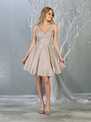 Champagne Glow Glitter Fit-and-Flare V-Neck Party Dress