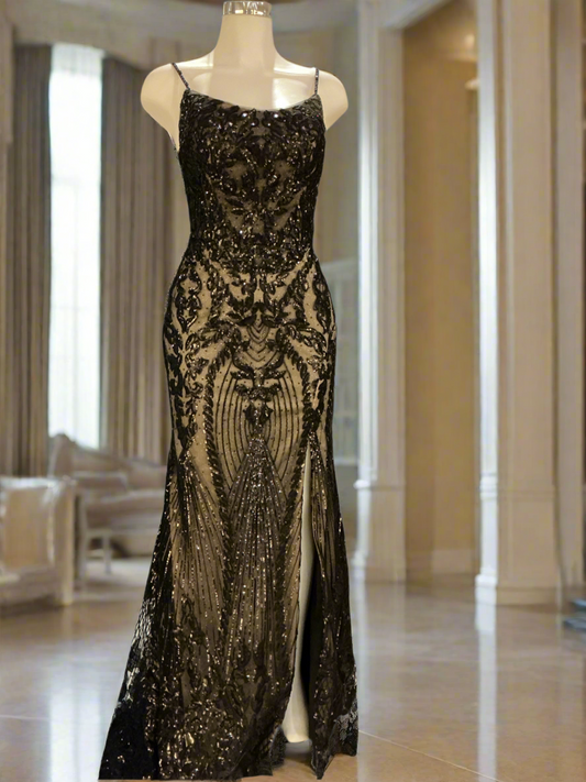 Sequin Symphony: A Black and Beige Masterpiece Gown