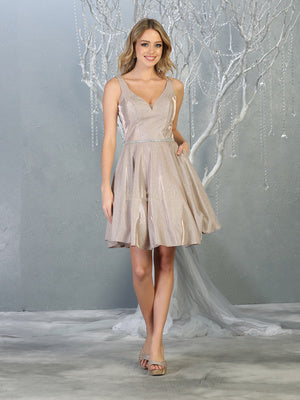 Champagne Glow Glitter Fit-and-Flare V-Neck Party Dress