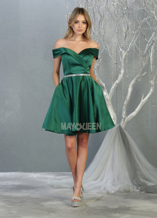 Emerald Envy: Satin Off-Shoulder Party Dress with Belt