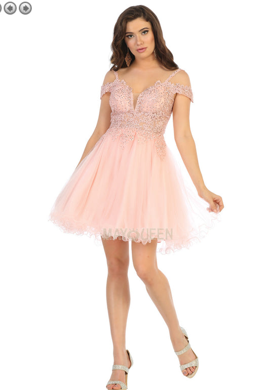 Bella: Blush Beaded Off-Shoulder Tulle Skater Dress