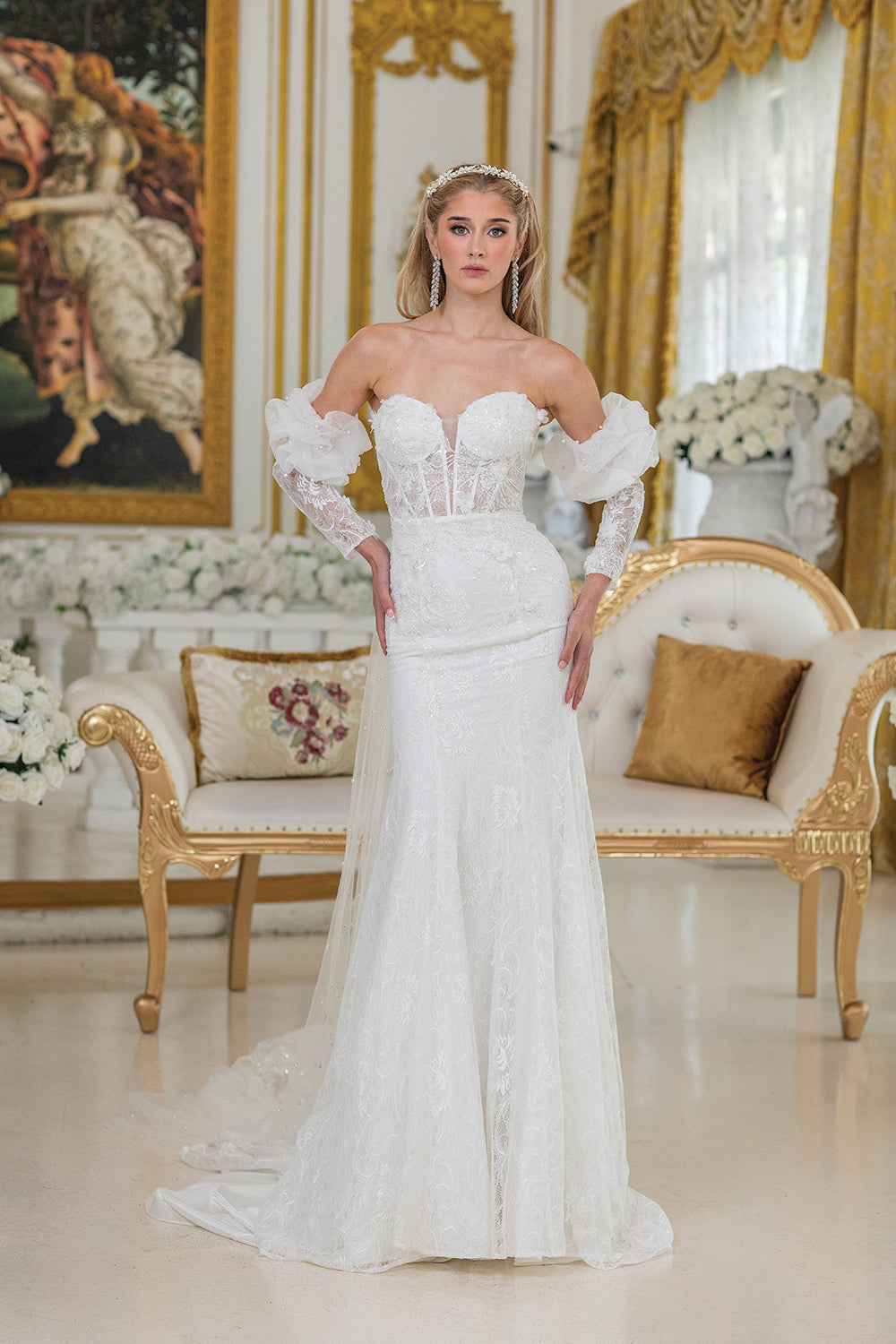Rose Pearl Dream: Blush Wedding Gown with Pearl Embellishments