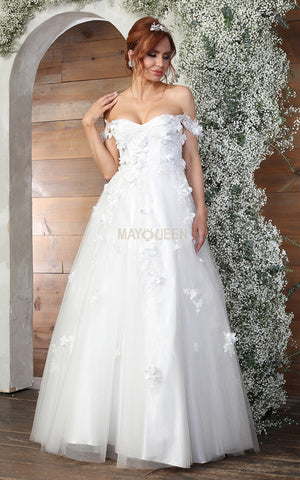 Whispers of Grace: An Ivory A-Line Wedding Gown with Delicate Floral Appliqués