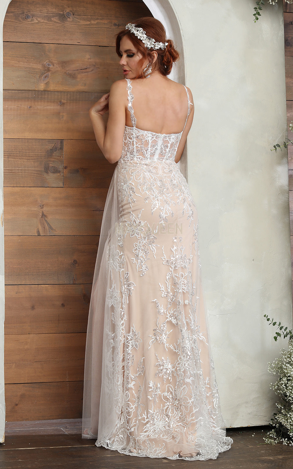 Timeless Allure: Ivory Lace Overlay on Nude Silk Wedding Gown