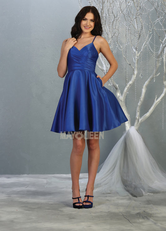 Royal Blue Satin A-Line Mini Dress with Spaghetti Straps