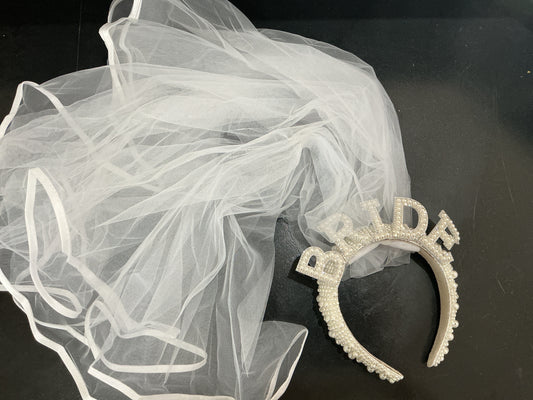 Bride-to-Be Pearl & Rhinestone Headband with Satin Veil