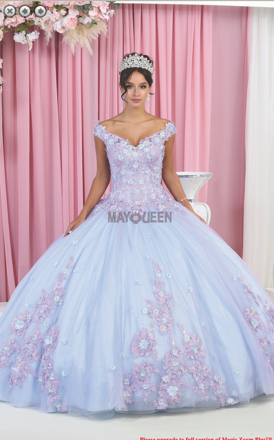 A Vision in Light Blue: Tulle, Lavender Appliqués, and a Silver Tiara – The Perfect Quinceañera Dress