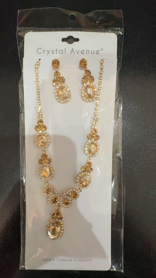 Golden Radiance: Crystal Avenue Amber Rhinestone Jewelry Set
