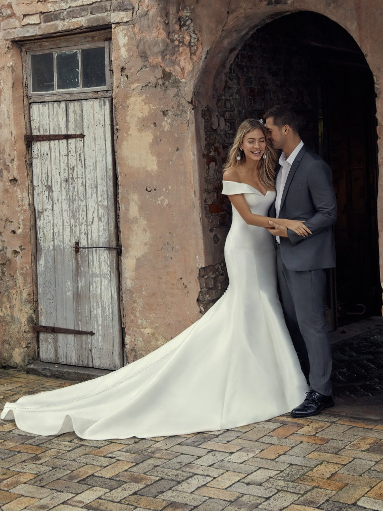 Josie: Off-the-Shoulder Satin Mermaid Bridal Gown with Chapel Train