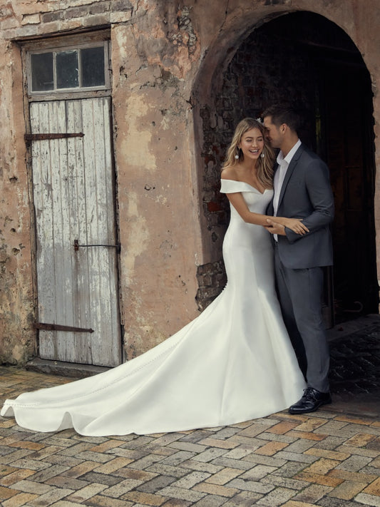Josie: Off-the-Shoulder Satin Mermaid Bridal Gown with Chapel Train