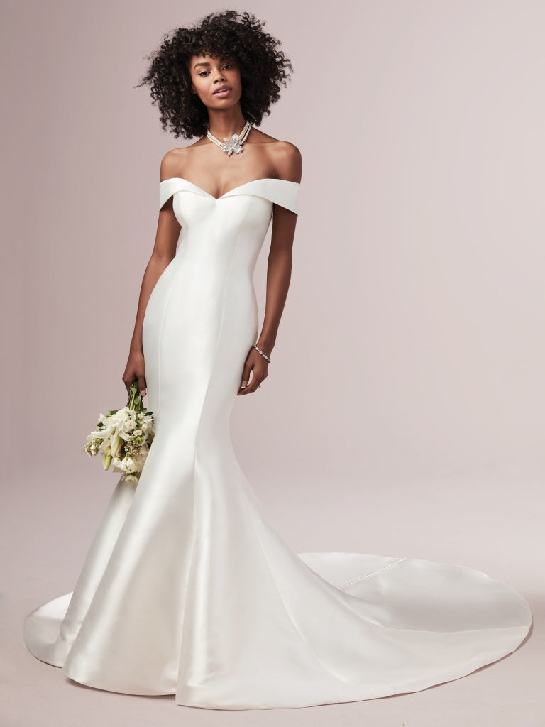 Josie: Off-the-Shoulder Satin Mermaid Bridal Gown with Chapel Train